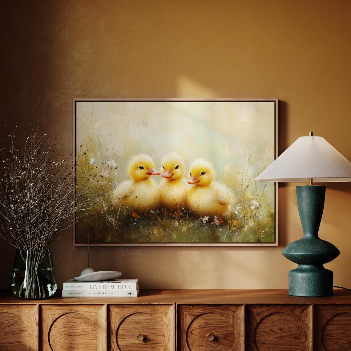 Three Fluffy Yellow Ducklings In Blooming Meadow Oil Painting Poster - Image 7