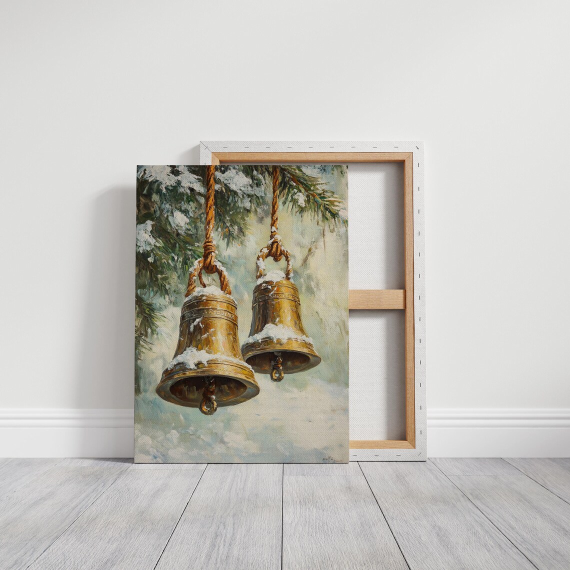 Golden Bells Hanging From Ropes Against Snowy Evergreens Art Print - Image 3
