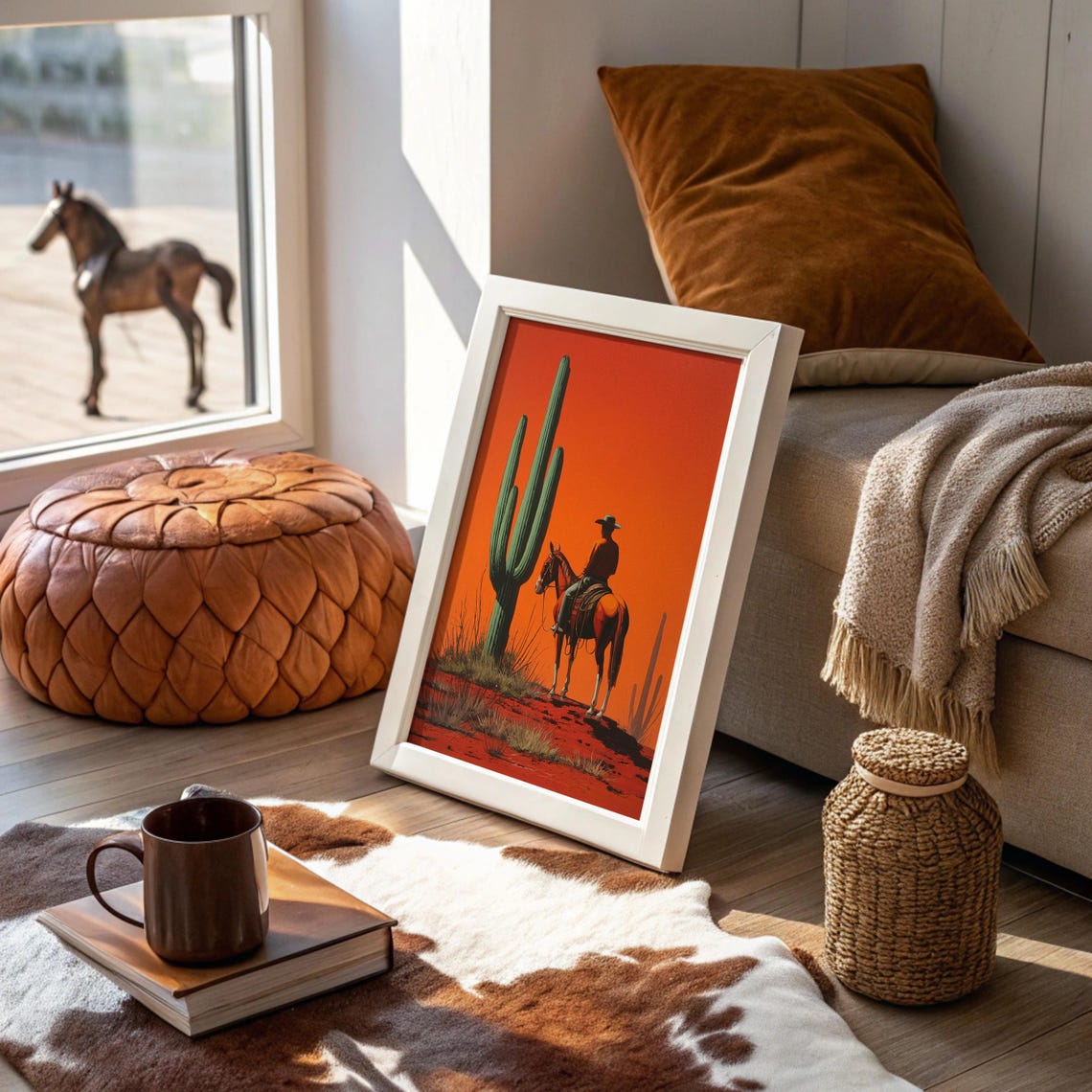 Cowboy Beside Saguaro Cactus Burnt Orange Minimalist Desert Poster