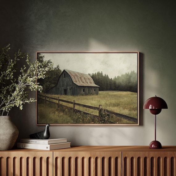 Rustic Blue Barn Vintage Rural Landscape Art Print