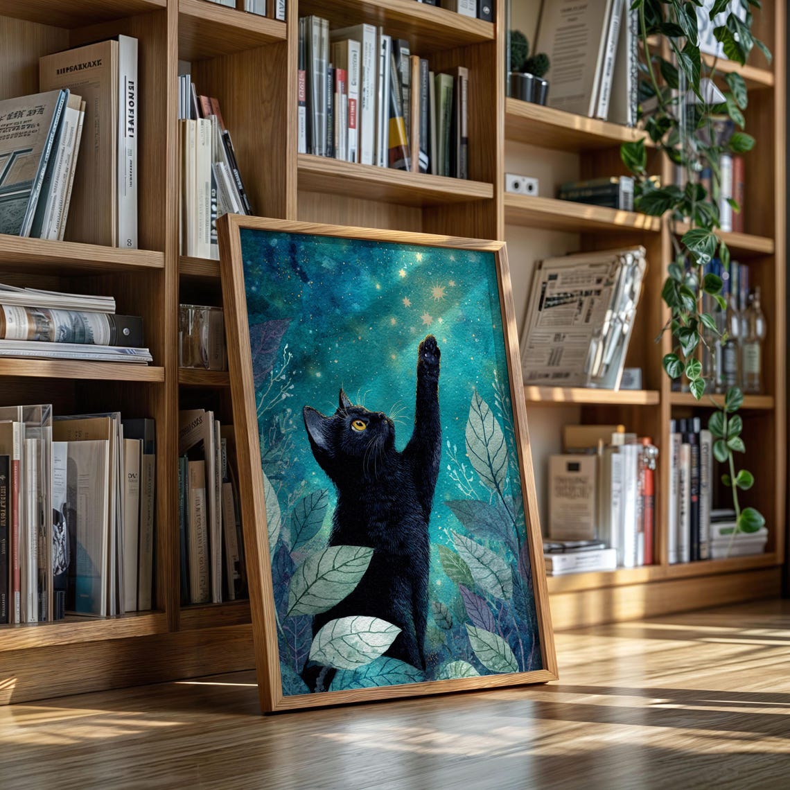 Black Cat Reaching For Stars Poster In Teal Night Forest Sky