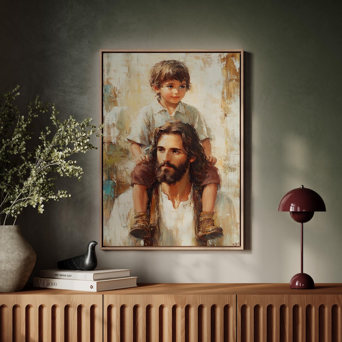 Boy Sitting on the Shoulders of Jesus in a Warm Portrait Poster - Image 3
