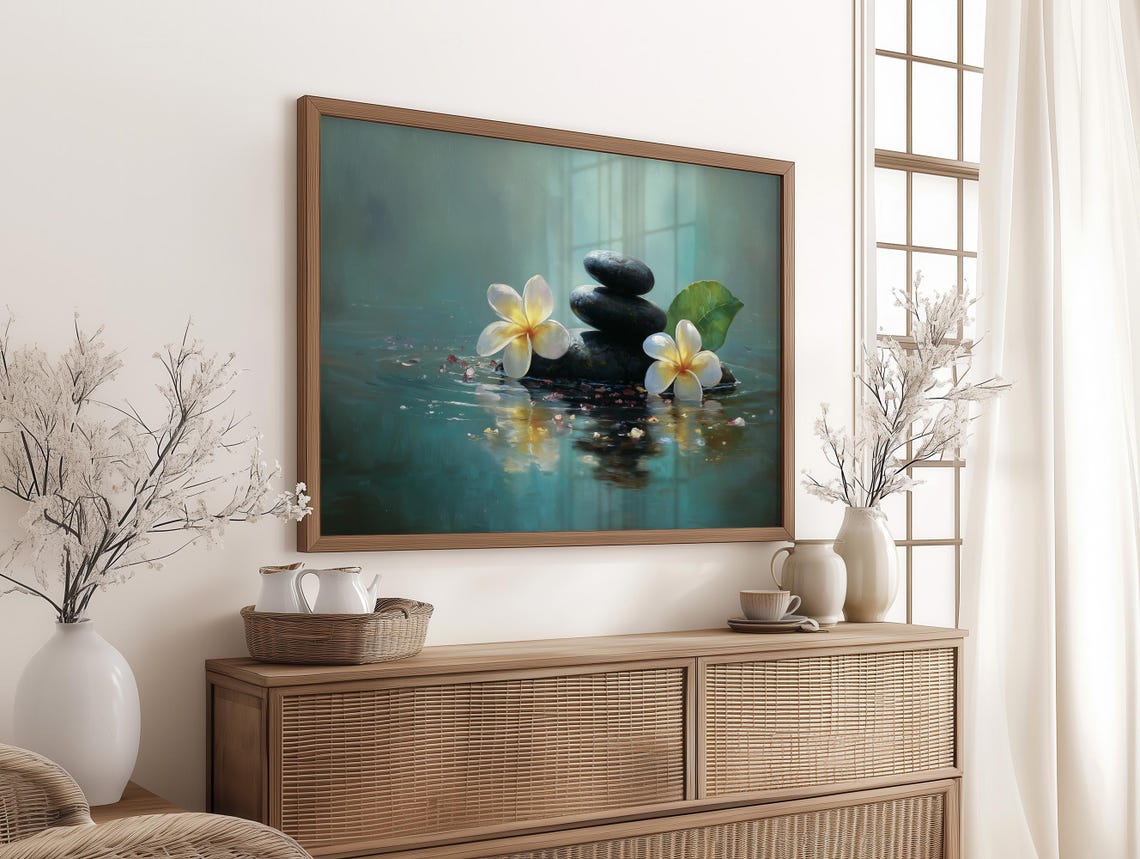 Zen Spa Canvas Wall Art With Plumeria Flowers Stacked Stones Calm Water Artwork Tropical Wellness Decor For Bathroom And Massage Studio
