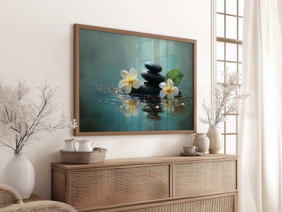 Zen Spa Canvas Wall Art With Plumeria Flowers Stacked Stones Calm Water Artwork Tropical Wellness Decor For Bathroom And Massage Studio