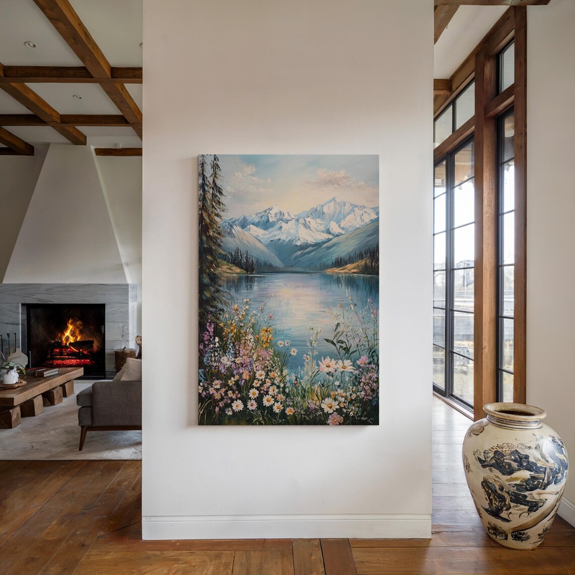 Snowy Mountain Lake With Wildflowers Serene Alpine Scene Wall Art - Image 4