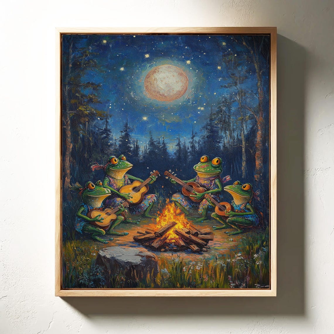 Frogs Playing Guitars Around Campfire Under Full Moon Poster - Image 7