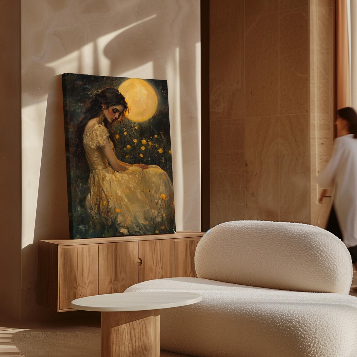 Elegant Woman Cream Gown Moonlit Meadow Yellow Flowers Poster