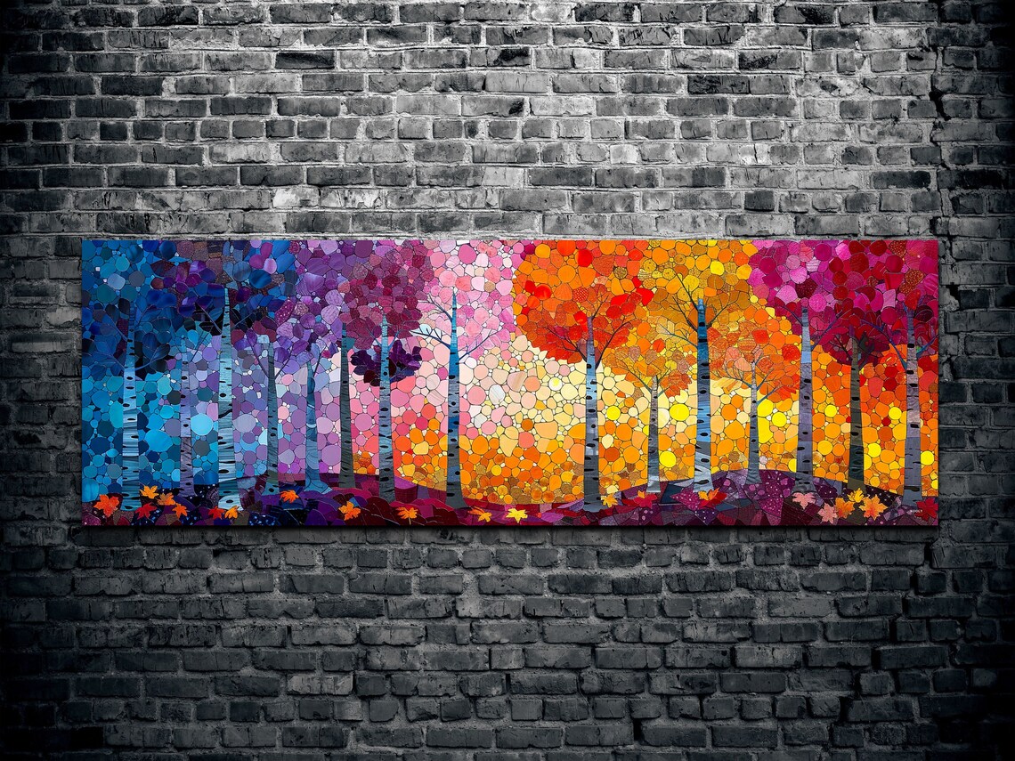 Mosaic Forest Dotted Trees Autumn Birch Color Burst Panoramic Wall Art - Image 2