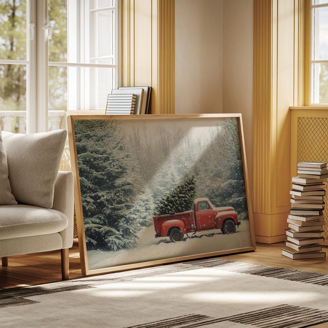 Vintage Red Truck Hauling a Christmas Tree Through Falling Snow Poster - Image 6