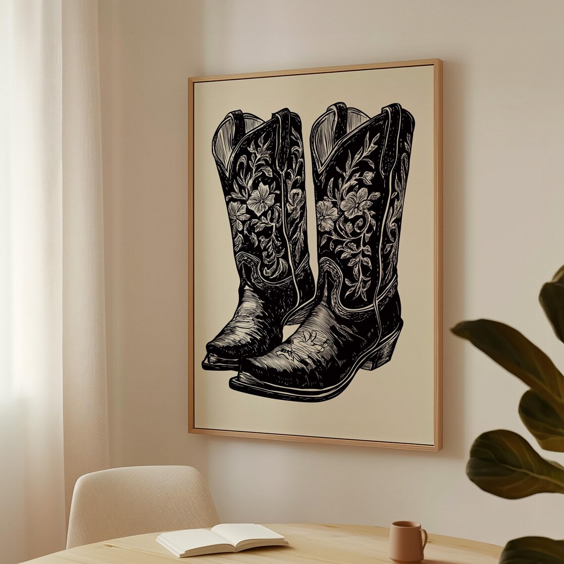 Floral Cowboy Boots Linocut Style Black and White Western Poster - Image 5