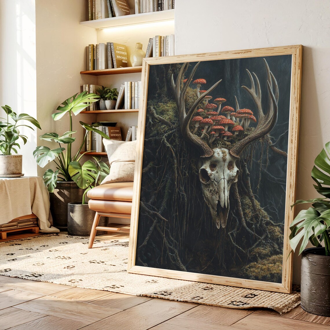 Deer Skull With Fly Agaric Mushrooms Dark Gothic Forest Art Poster