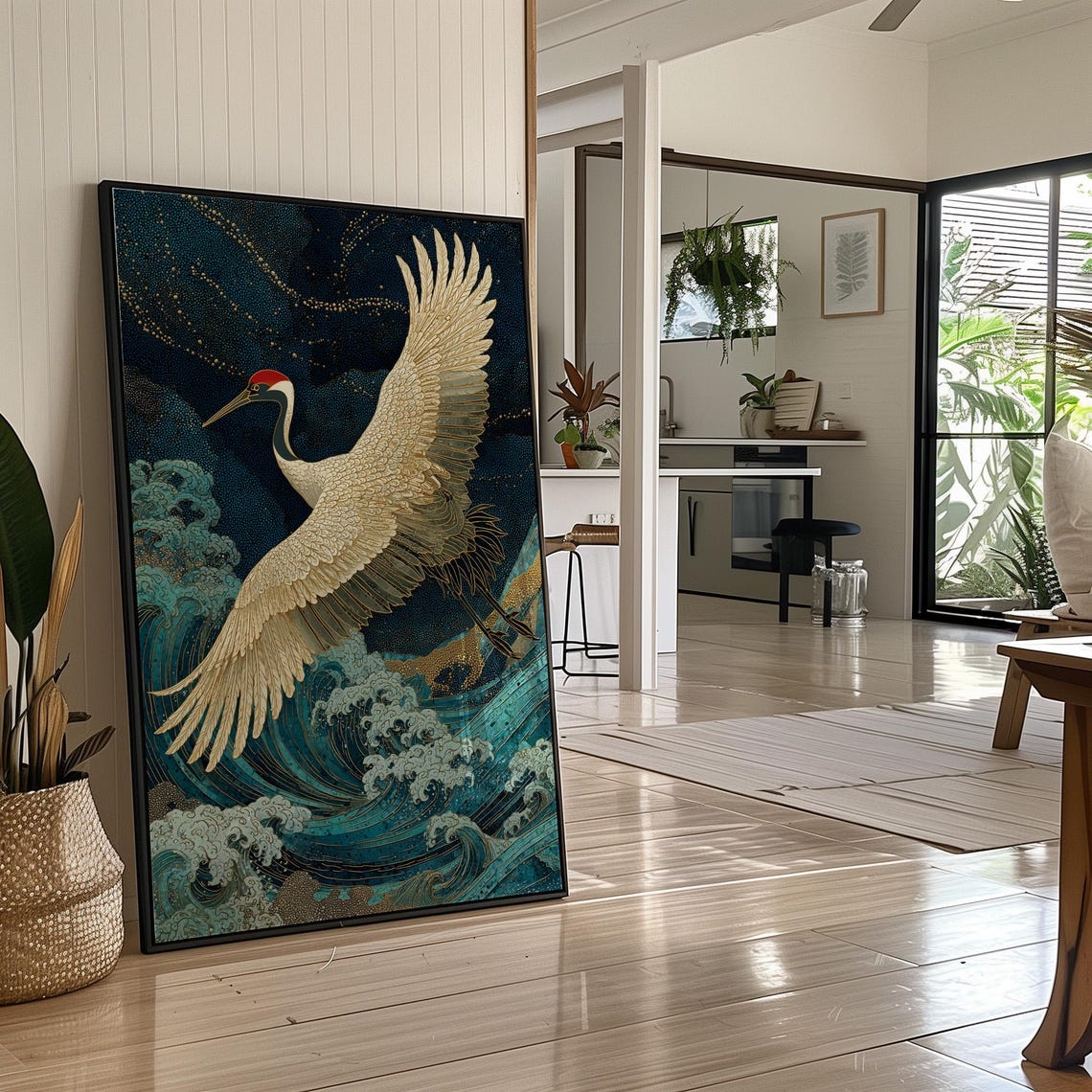 Golden Crane Flying Over Midnight Waves Japanese Art Style Poster