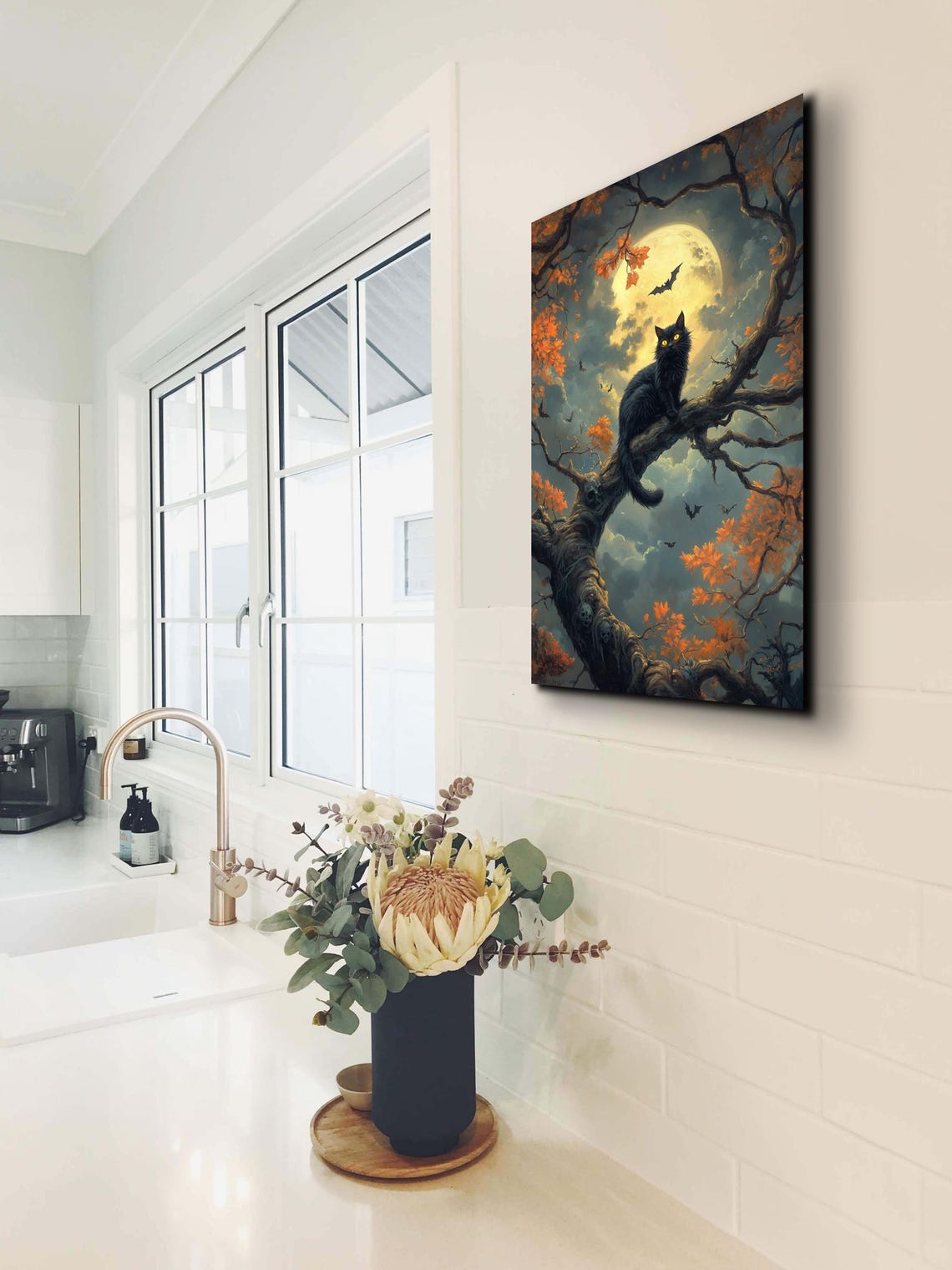 Black Cat Under Full Moon Autumn Tree Halloween Night Poster - Image 4