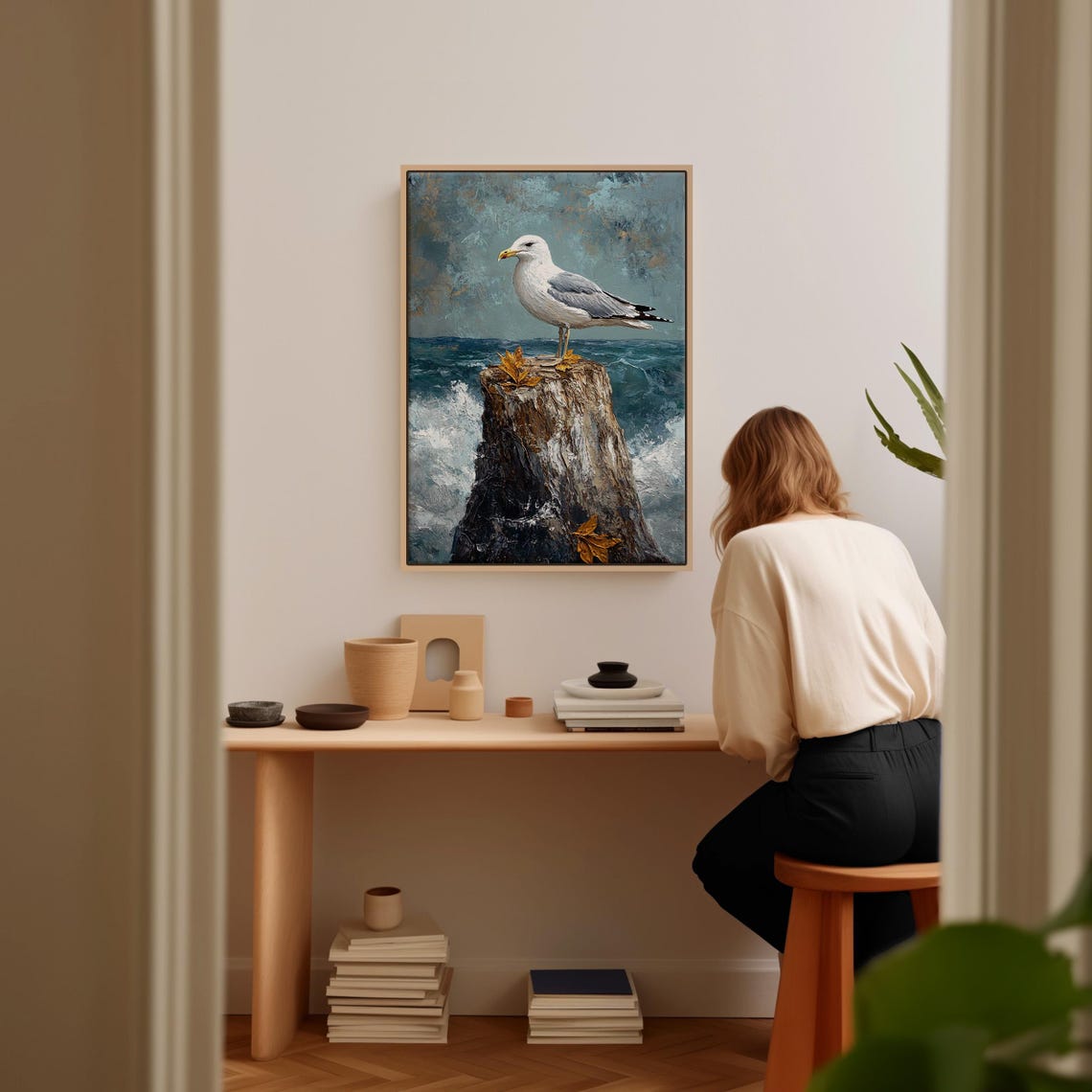 Seagull Standing on a Textured Stump with Autumn Leaves Ocean Poster - Image 4