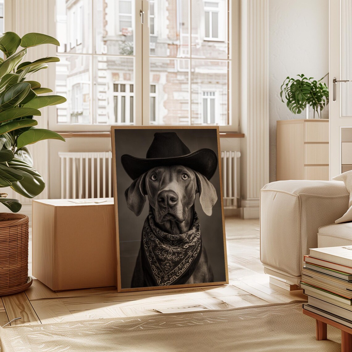 Cowboy Dog Portrait in Hat and Bandana Black and White Poster
