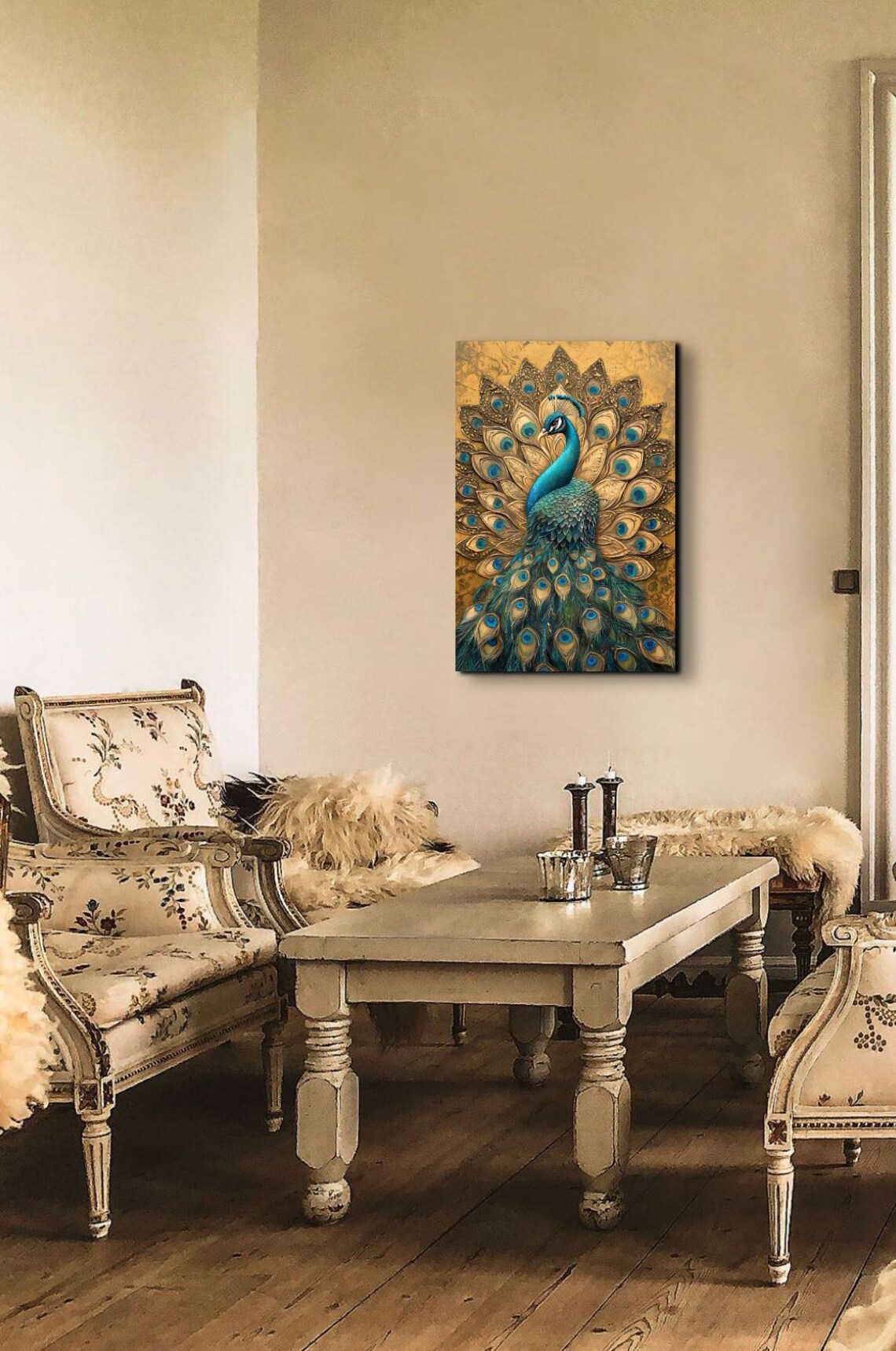 Majestic Peacock Golden Fanned Tail Royal Bird Portrait Art Poster - Image 7