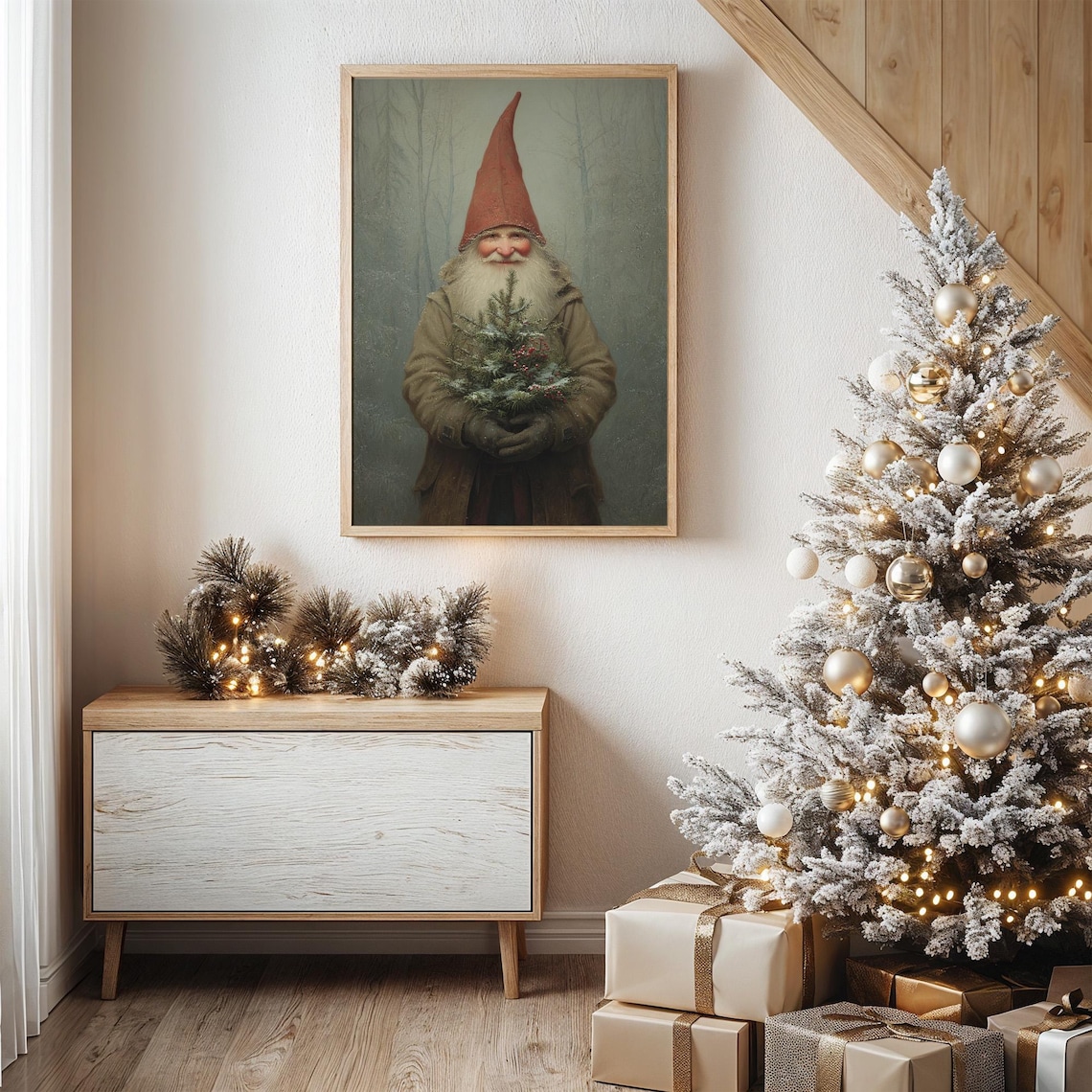 Vintage Christmas Gnome Holding Snowy Pine Tree Holiday Art Poster