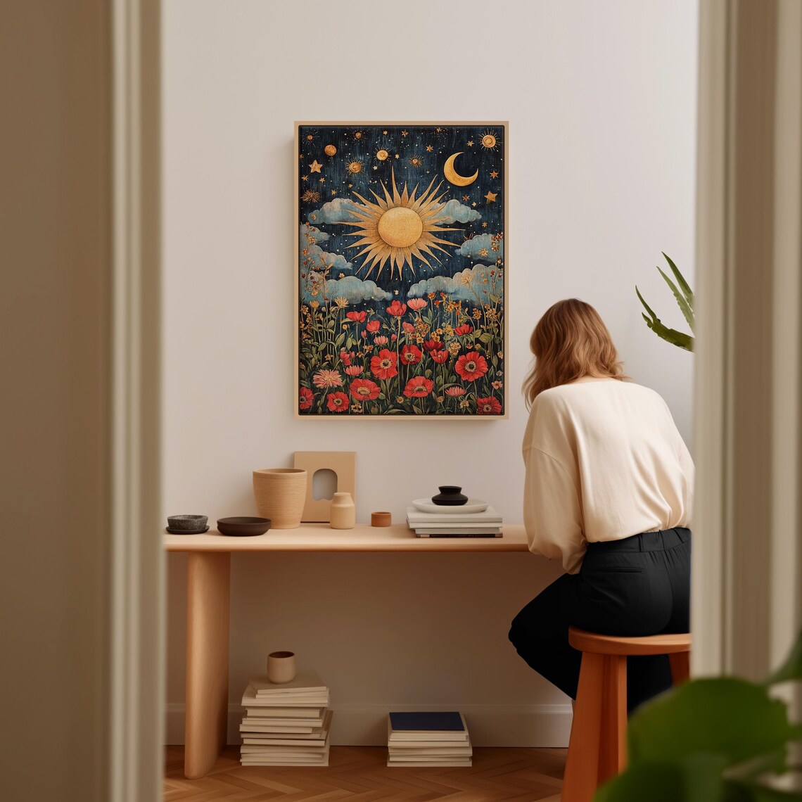 Golden Sun And Crescent Moon Over Red Poppy Meadow Night Poster - Image 5