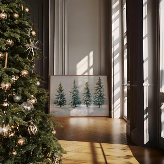 Snow Covered Pine Trees Canvas Wall Art Winter Landscape Painting Print Rustic Cabin Lodge Decor Holiday Seasonal Hanging
