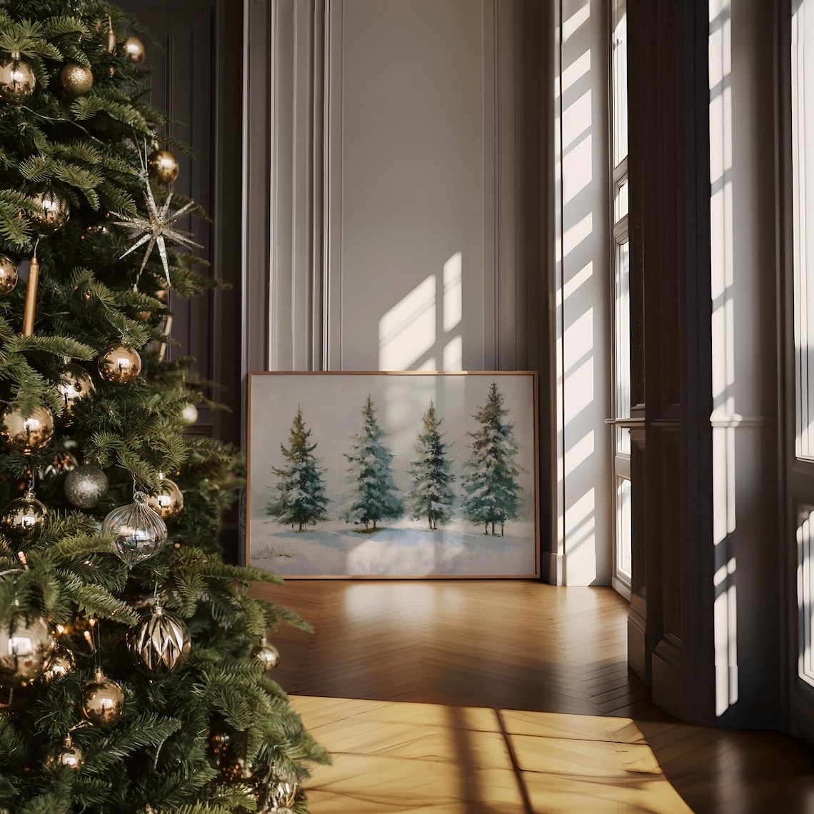 Snow Covered Pine Trees Soft Winter Forest Landscape Painting Poster