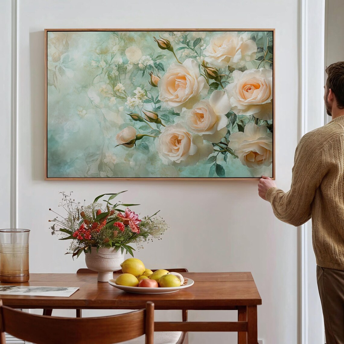 Soft Peach Roses Art Print, Elegant Floral Decor