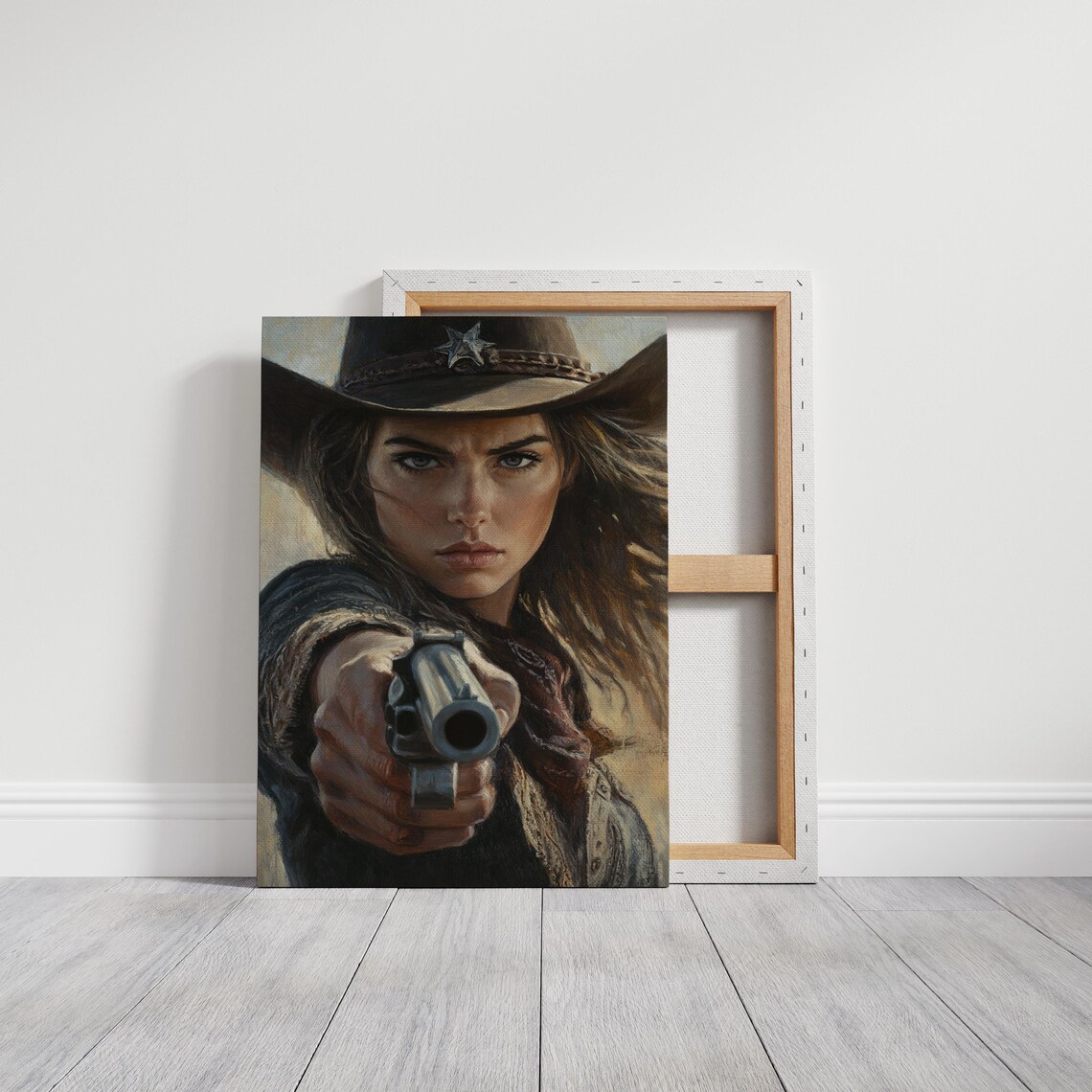 Fierce Cowgirl Aiming Revolver Vintage Western Portrait Poster - Image 3