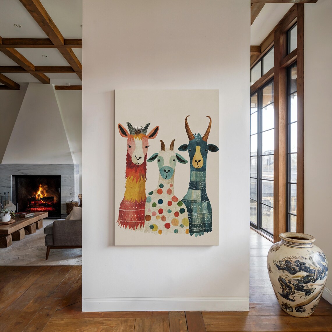 Whimsical Trio Goat Llama Friends Colorful Kids Nursery Canvas Poster - Image 4