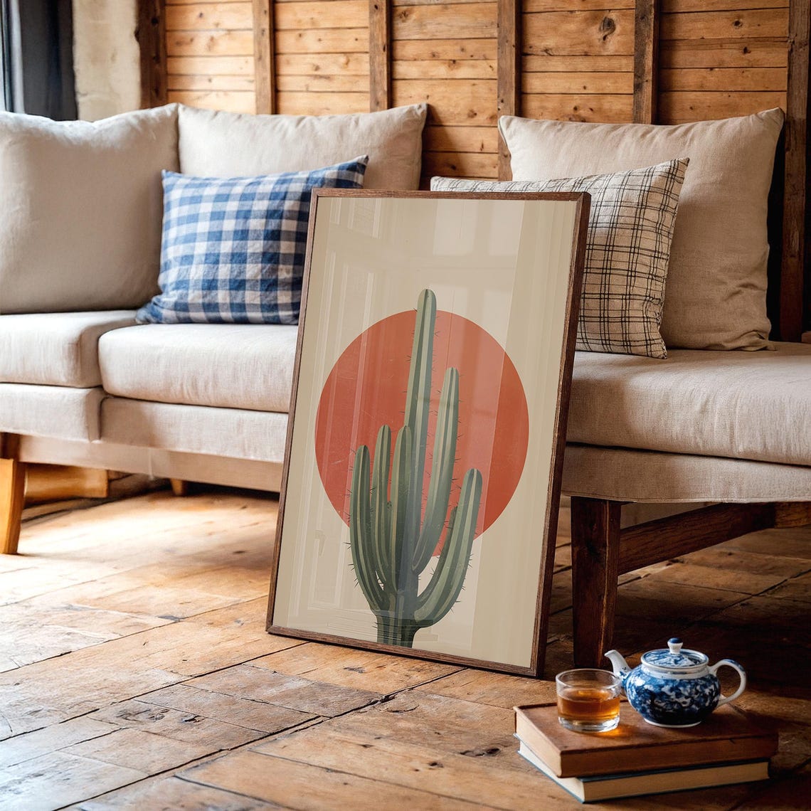 Minimalist Cactus Bold Red Sun Modern Boho Southwest Art Poster