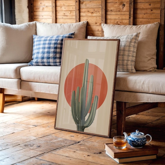 Minimalist Cactus Bold Red Sun Modern Boho Southwest Art Poster