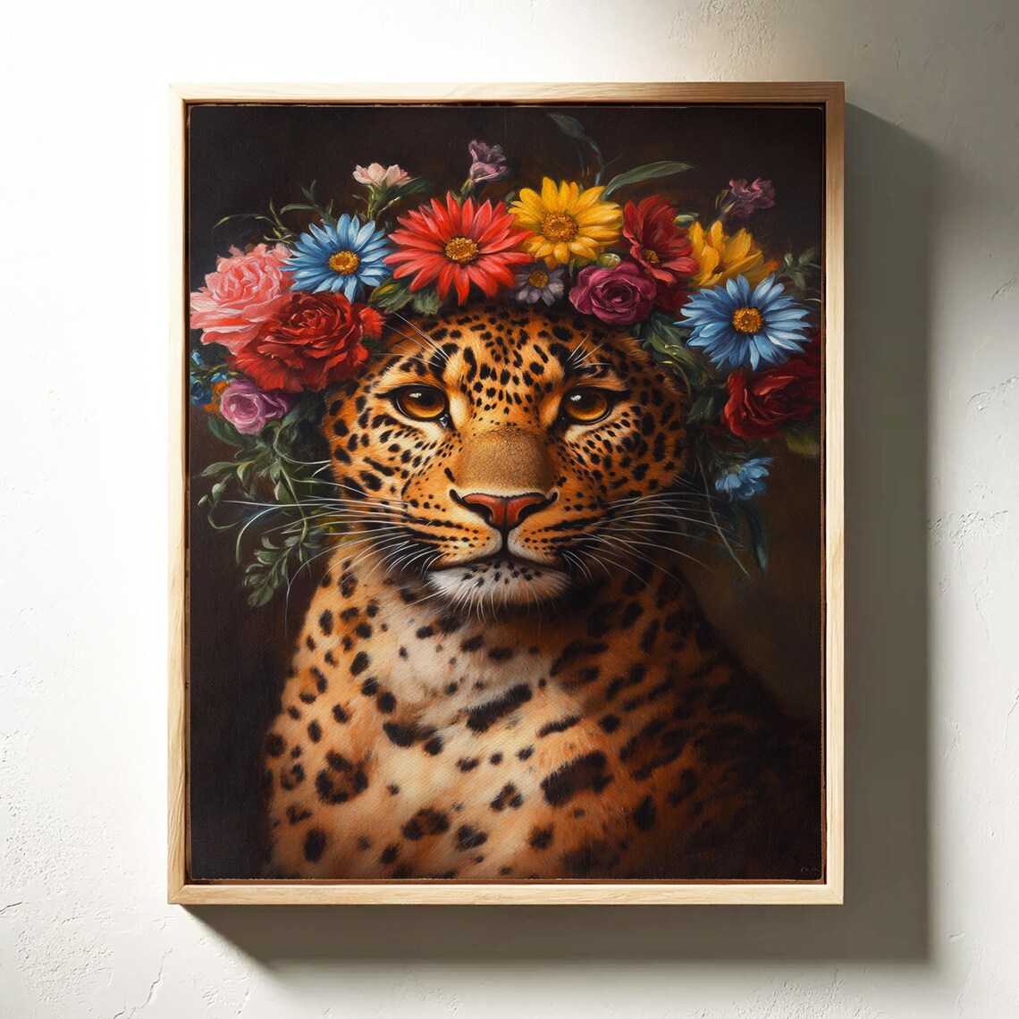 Leopard Portrait Wearing Vibrant Flower Crown Dark Floral Poster - Image 6