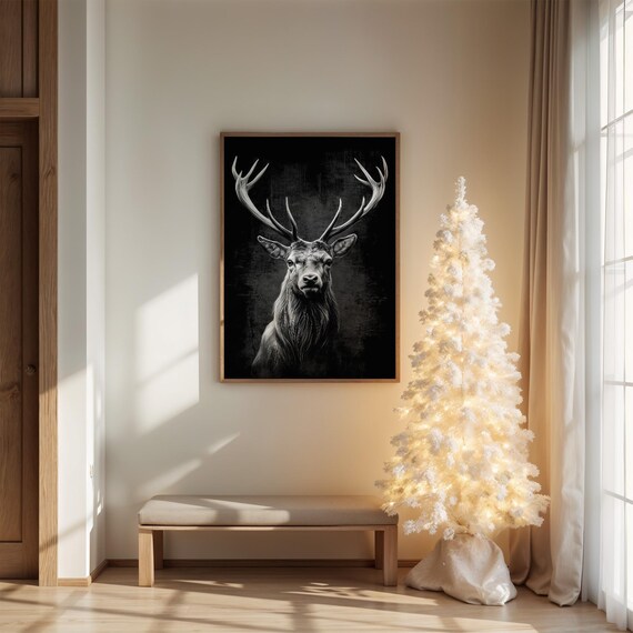 Stag Head With Antlers In Black And White Dark Wildlife Poster