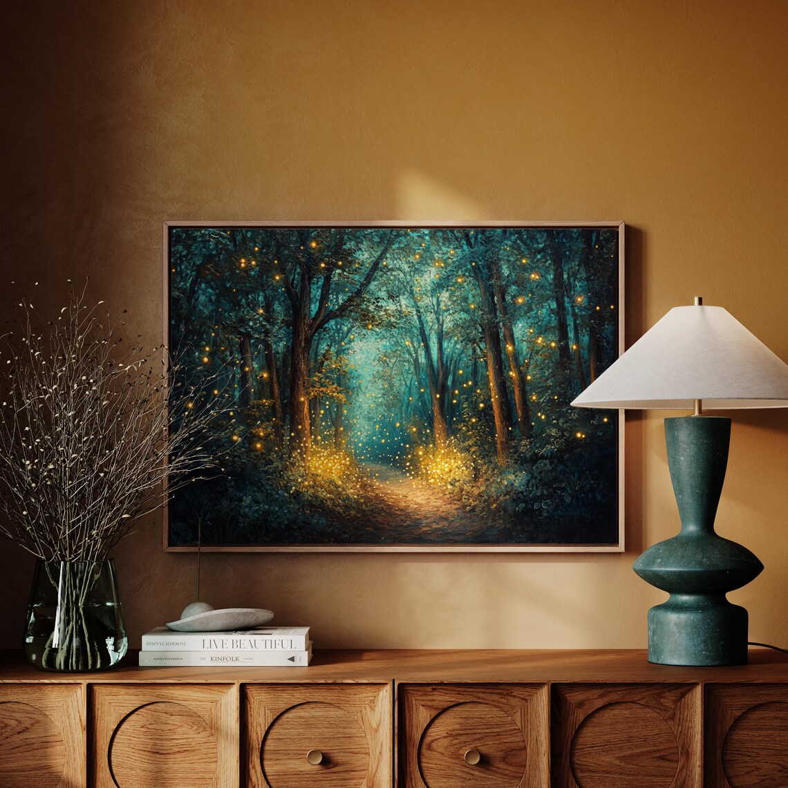 Magical Firefly Forest Path, Woodland Night Scene Wall Art Print - Image 4