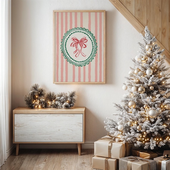Pink Striped Christmas Art With Red Bow Retro Holiday Poster
