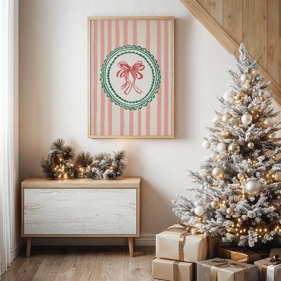 Pink Striped Christmas Art With Red Bow Retro Holiday Poster