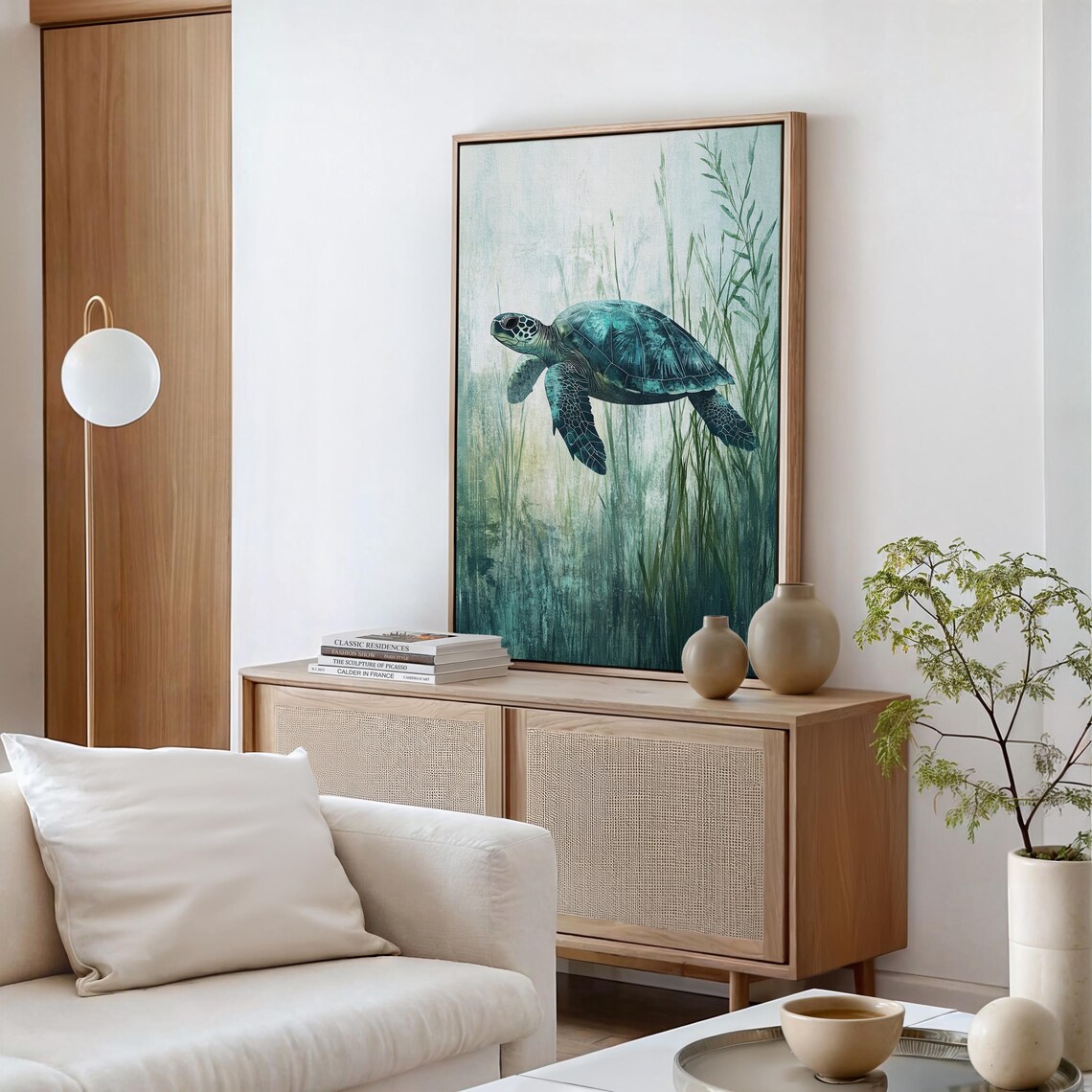 Sea Turtle Swimming Through Watercolor Seagrass Teal Ocean Art Poster - Image 4