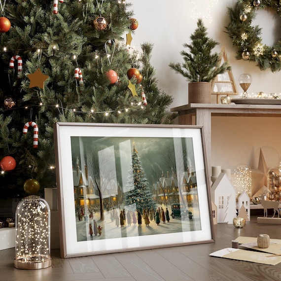 Vintage Christmas Village Square Tree Lighting Night Scene Poster