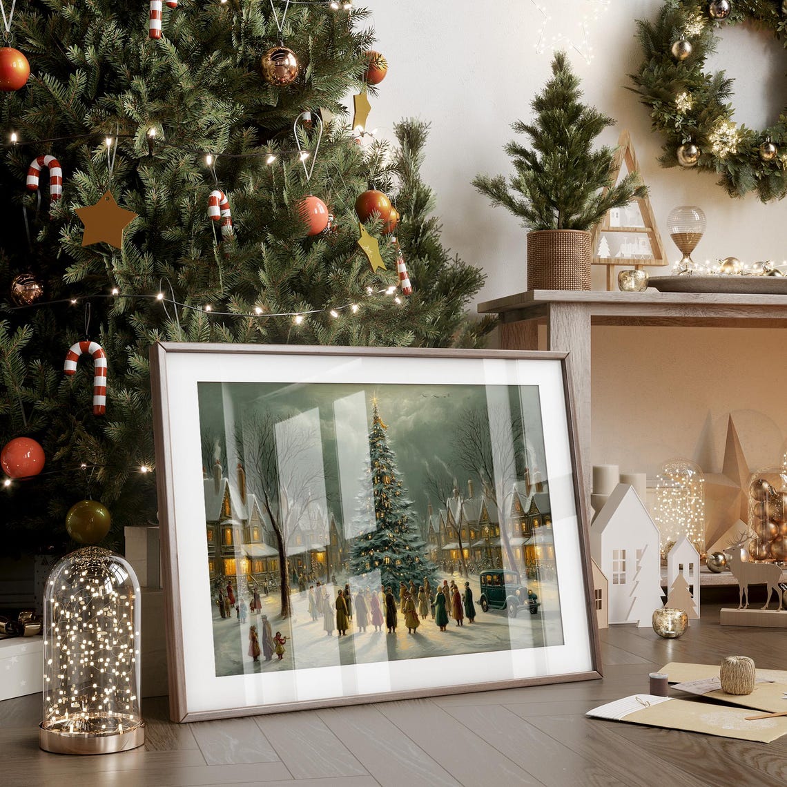 Vintage Christmas Village Square Tree Lighting Night Scene Poster