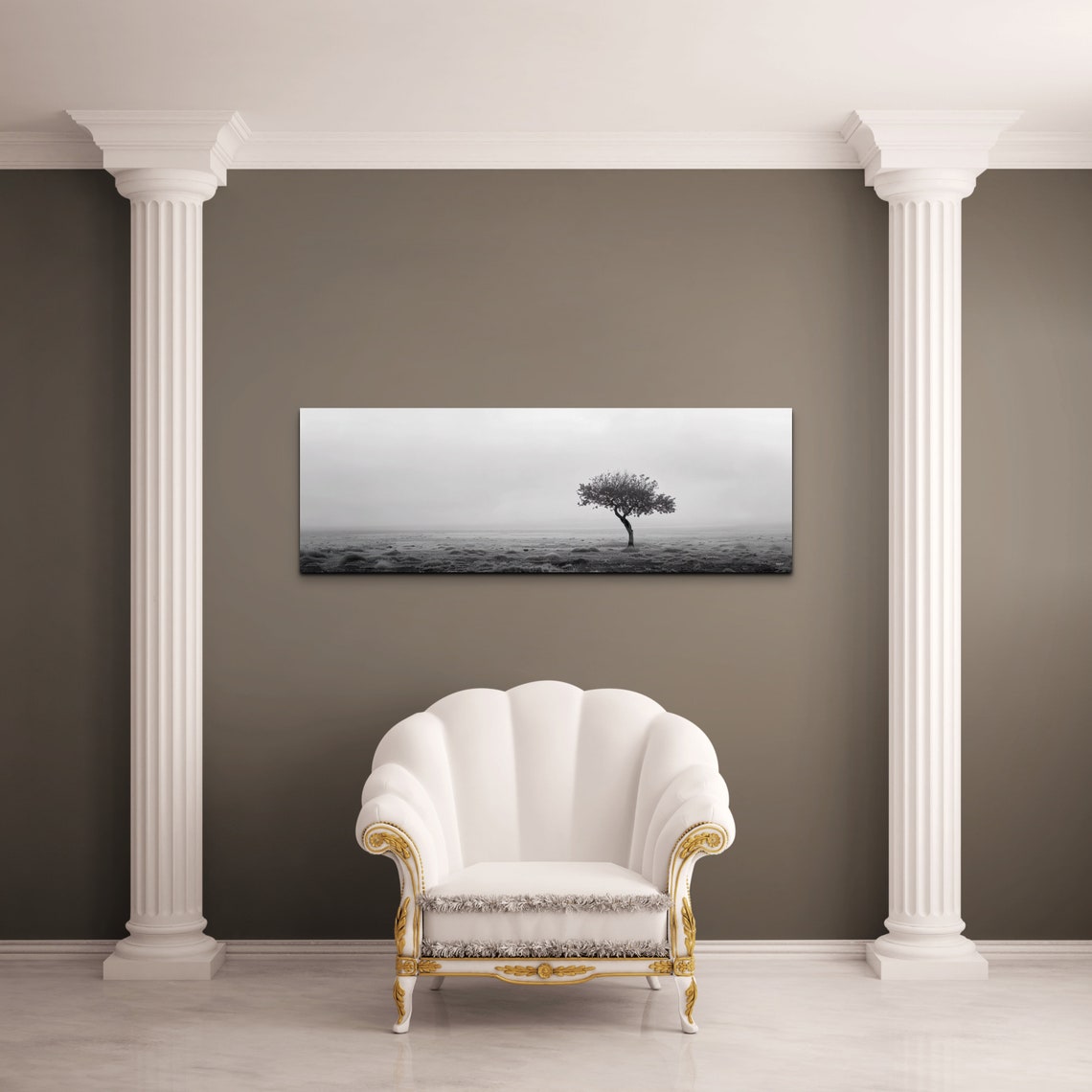 Black And White Lone Tree In A Misty Field Minimalist Poster - Image 4