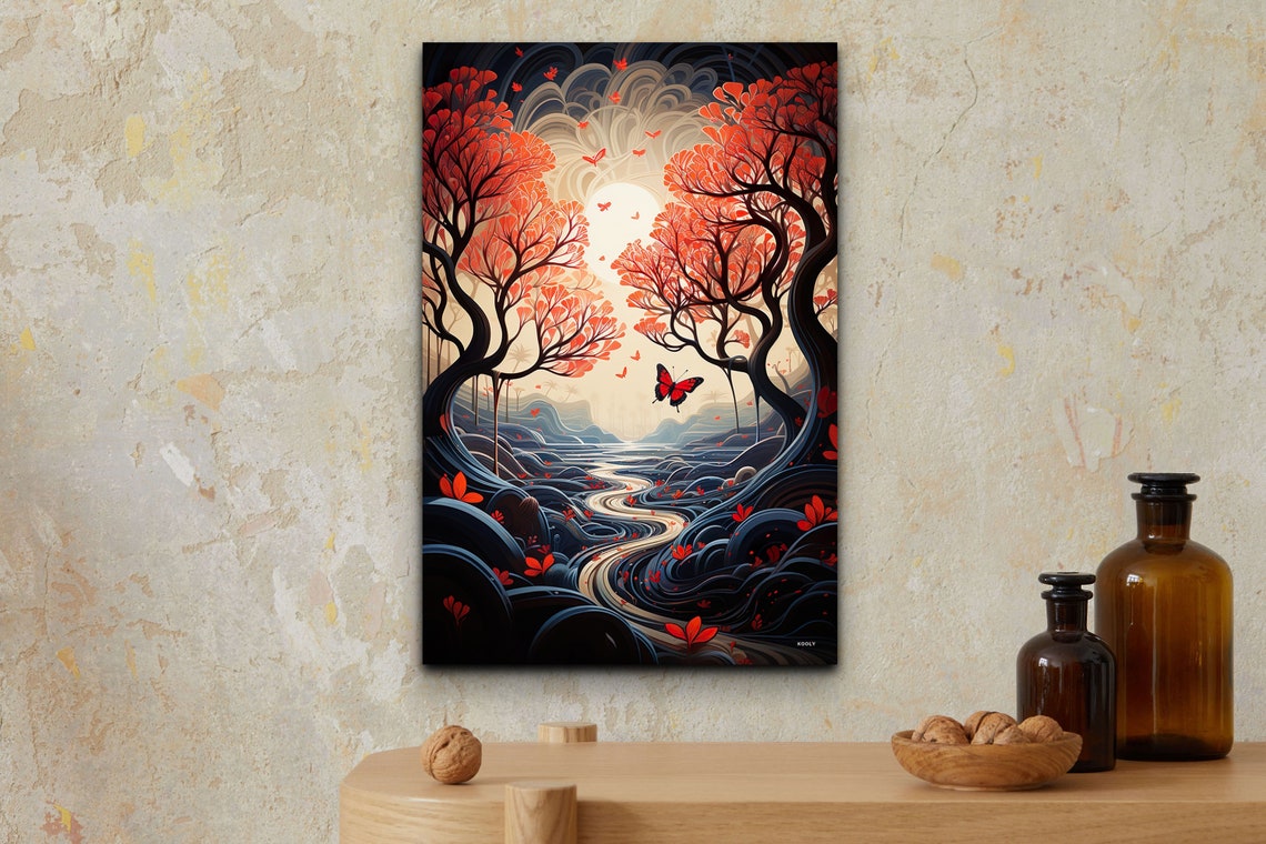 Red Forest Path With Butterfly Stylized Fantasy Night Art Poster