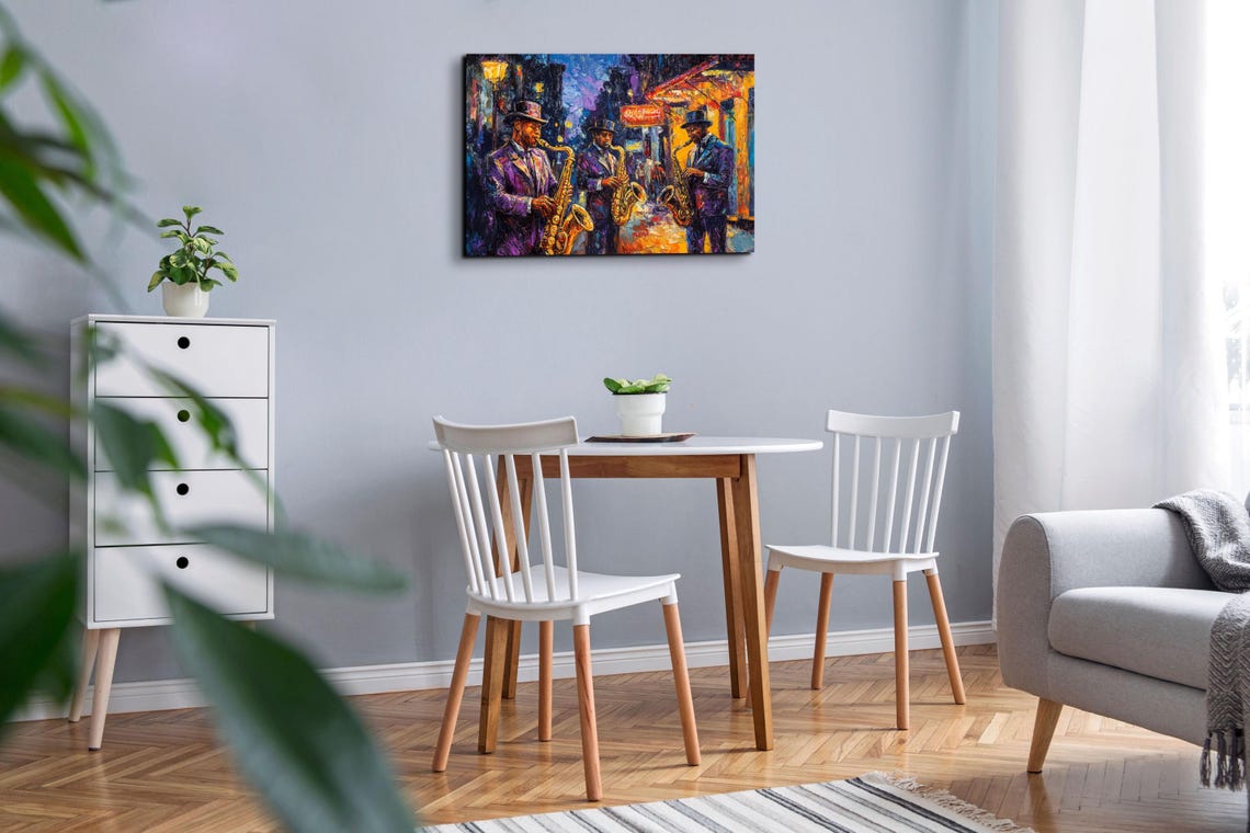 Jazz Saxophonists Night Street Warm Orange Lamplight Art Poster - Image 6