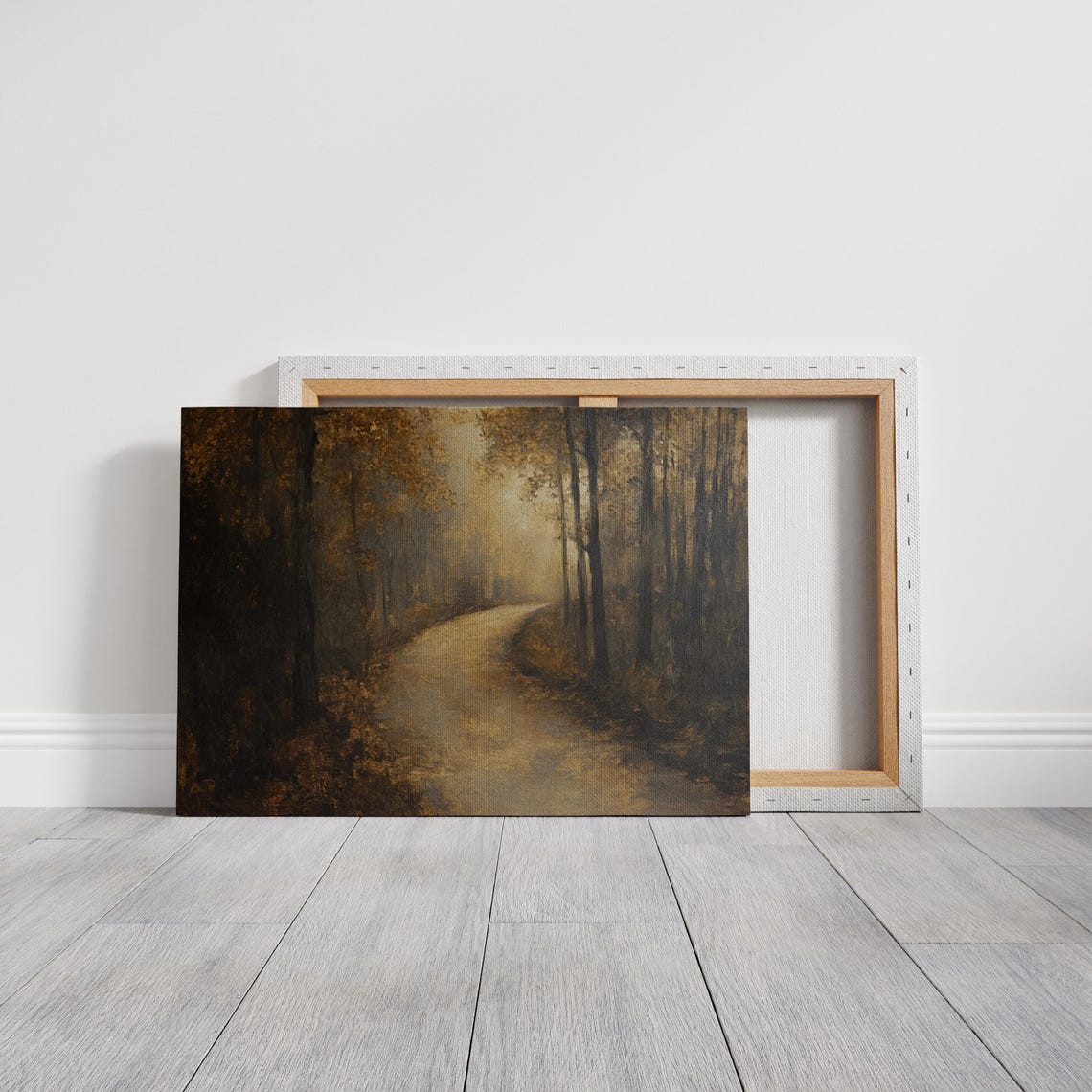 Rustic Dark Misty Forest Road With Golden Light Painting Wall Art - Image 3