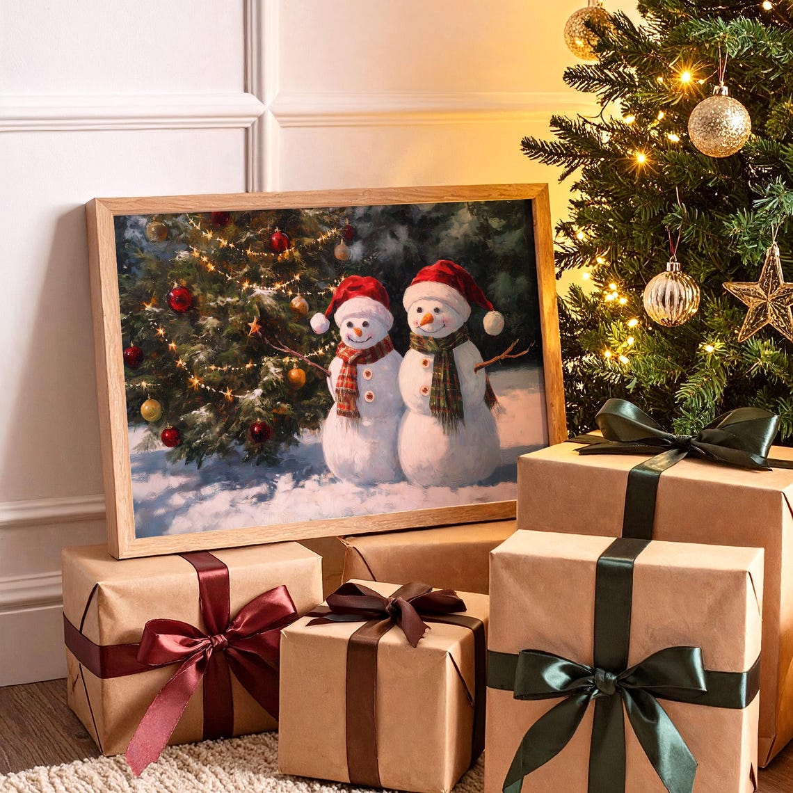 Two Festive Snowmen in Santa Hats by a Lit Christmas Tree Poster