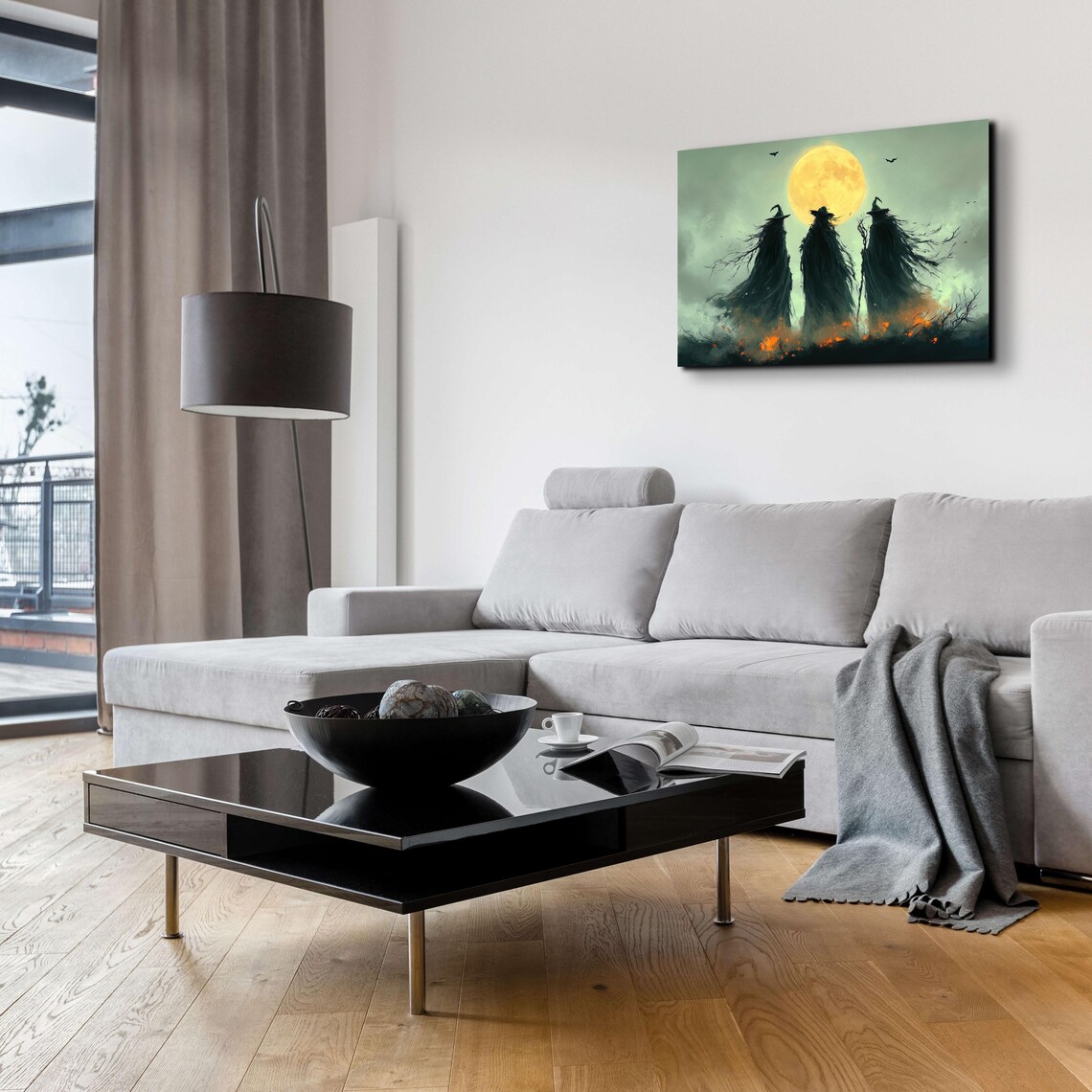 Three Witches Silhouetted Against a Giant Full Moon With Bats and Embers Poster - Image 6