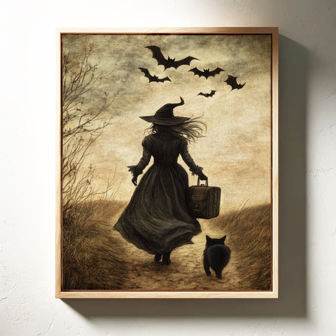 Witch Walking With Black Cat Bats Vintage Spooky Gothic Halloween Poster - Image 2