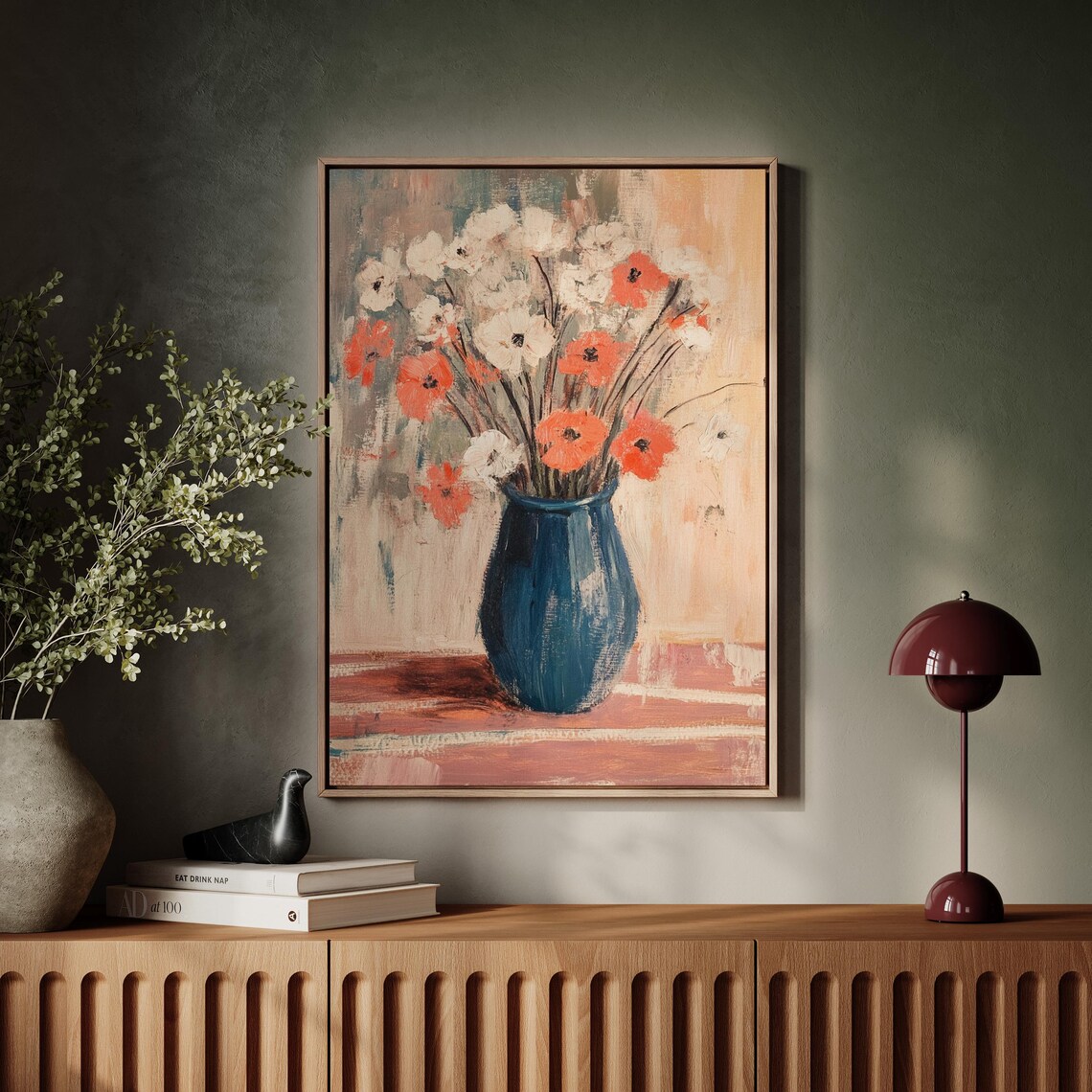 Red Poppies in Blue Vase Impressionist Floral Still Life Poster