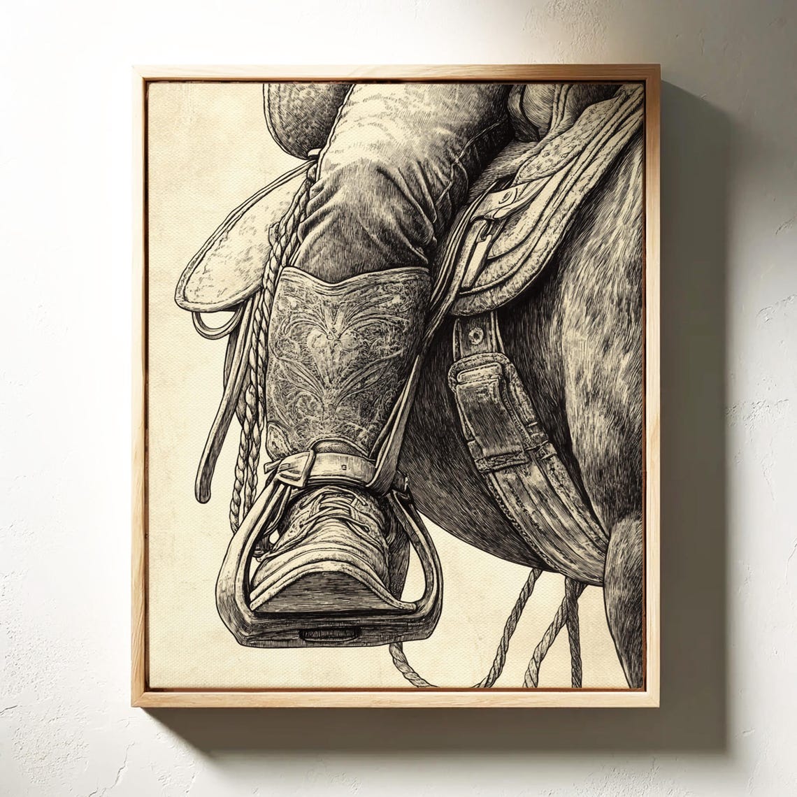 Western Cowboy Boot Art Vintage Saddle Illustration Rustic Farmhouse Decor Black And White Equestrian Print - Image 4