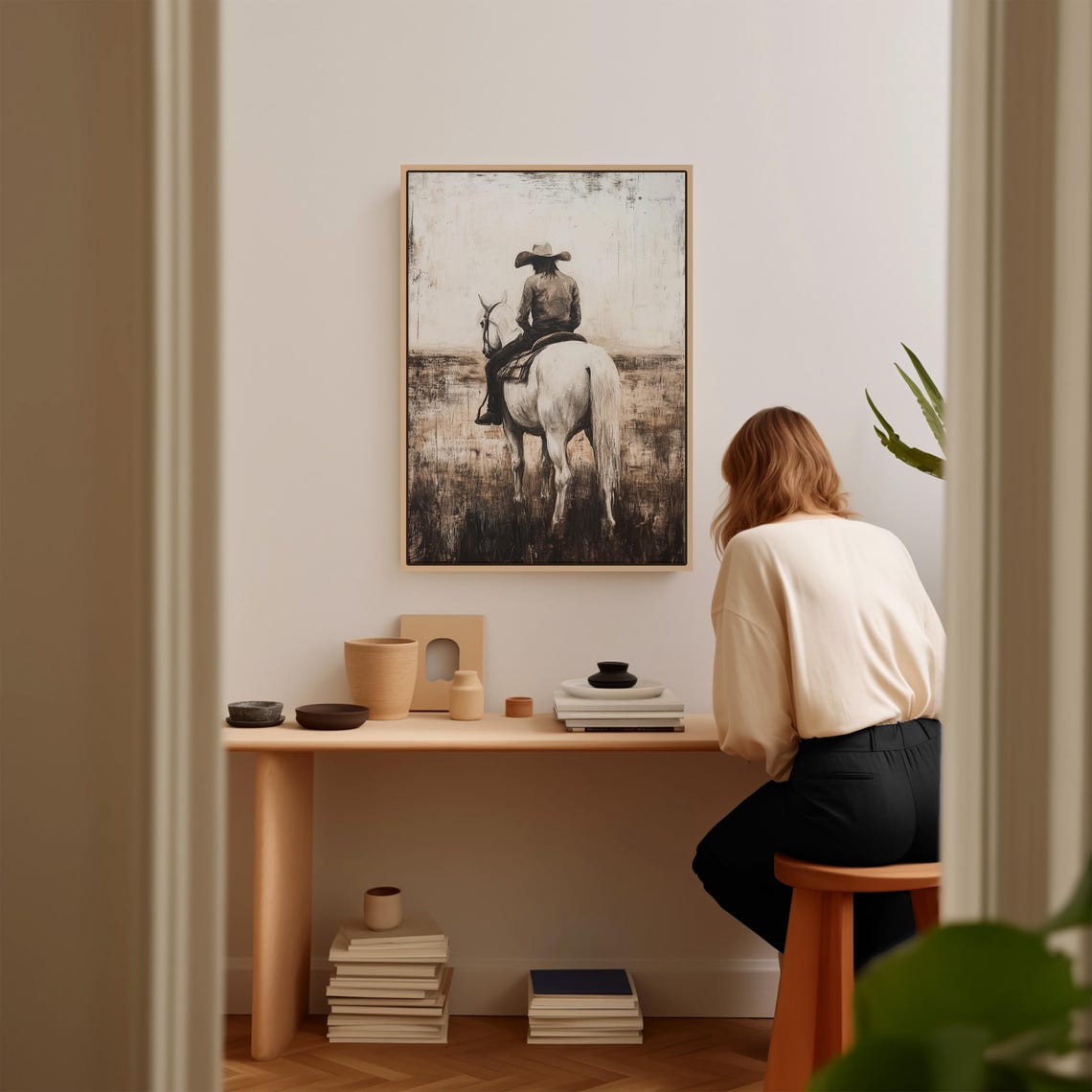 Cowboy On White Horse Distressed Charcoal Sketch Western Art Print - Image 2