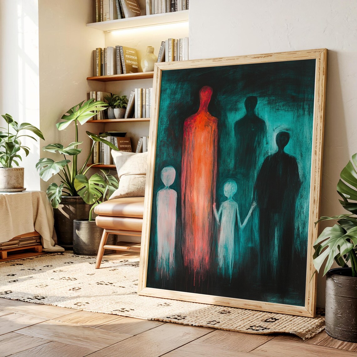 Red And Teal Family Silhouette Figures Neon Abstract Art Poster