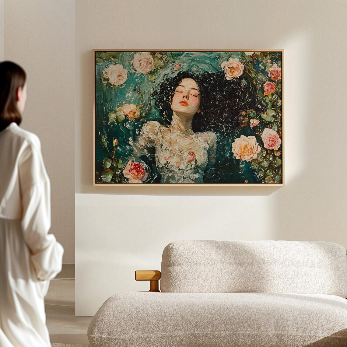 Woman Floating Among Roses Ethereal Dark Floral Water Painting Print - Image 4