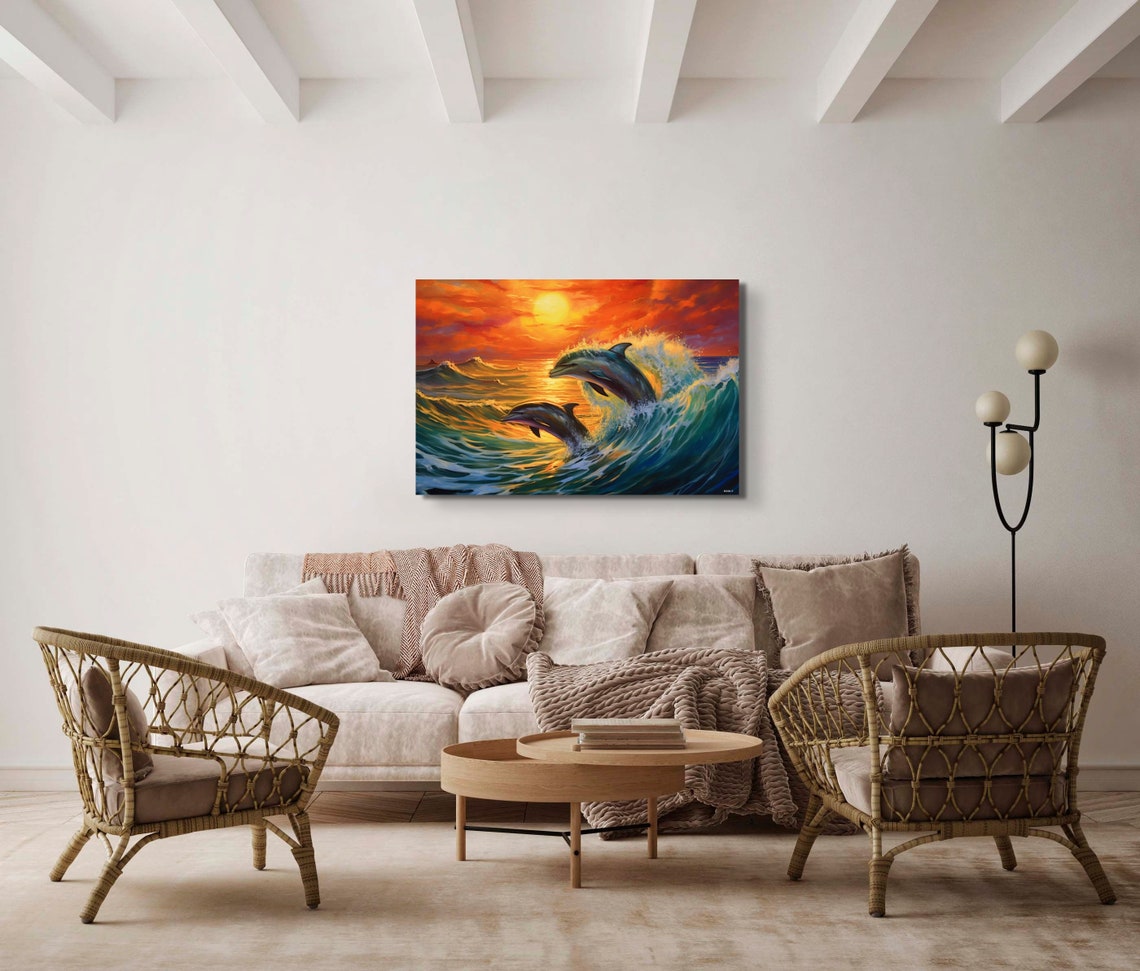 Dolphins Leaping Golden Sunset Ocean Waves Sea Life Art Poster - Image 3